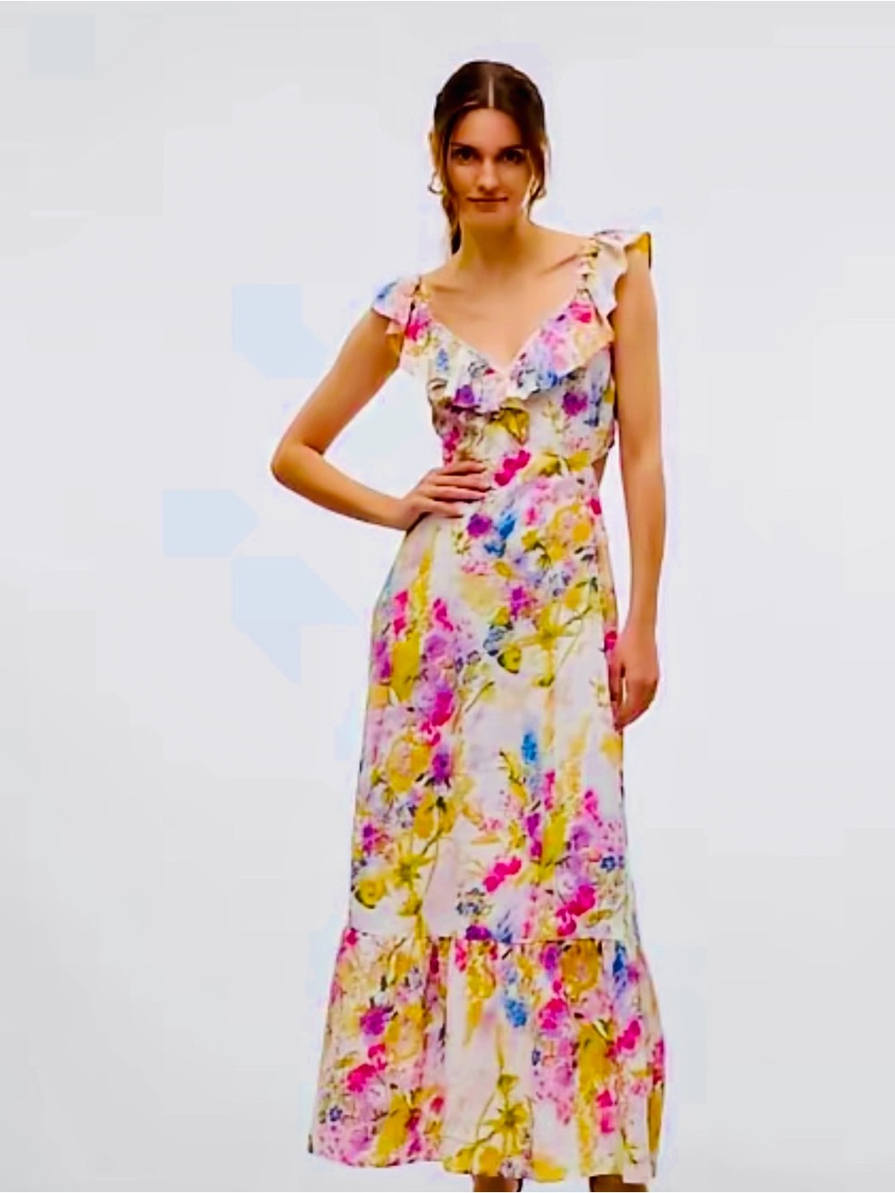 Floral Ruffle V-Neck Open Back Maxi Dress
